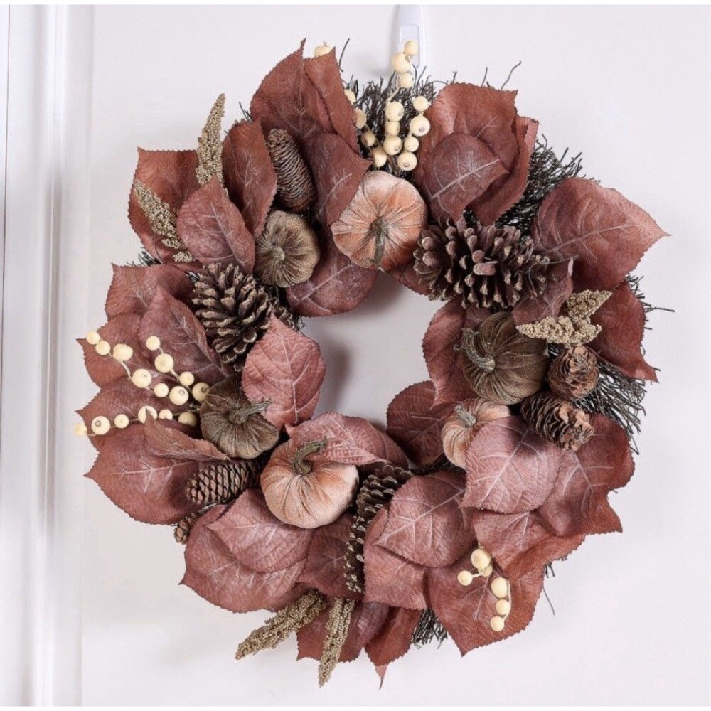 Home Reflections 24" Autumn Pumpkin & Leaf Wreath - Blush And Brown